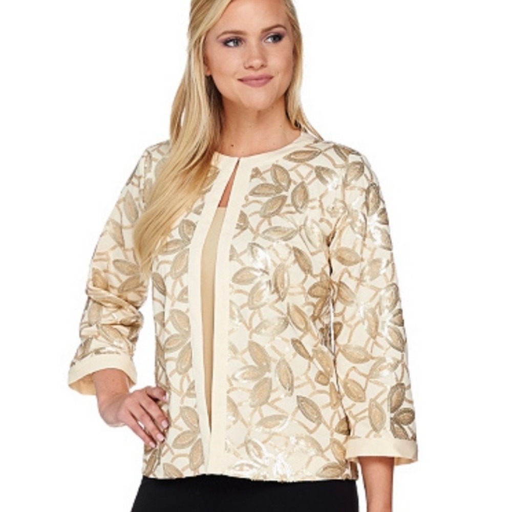 Bob Mackie Wearable Art Sequin Leaf Cardigan Jacket Cream Gold XXS New